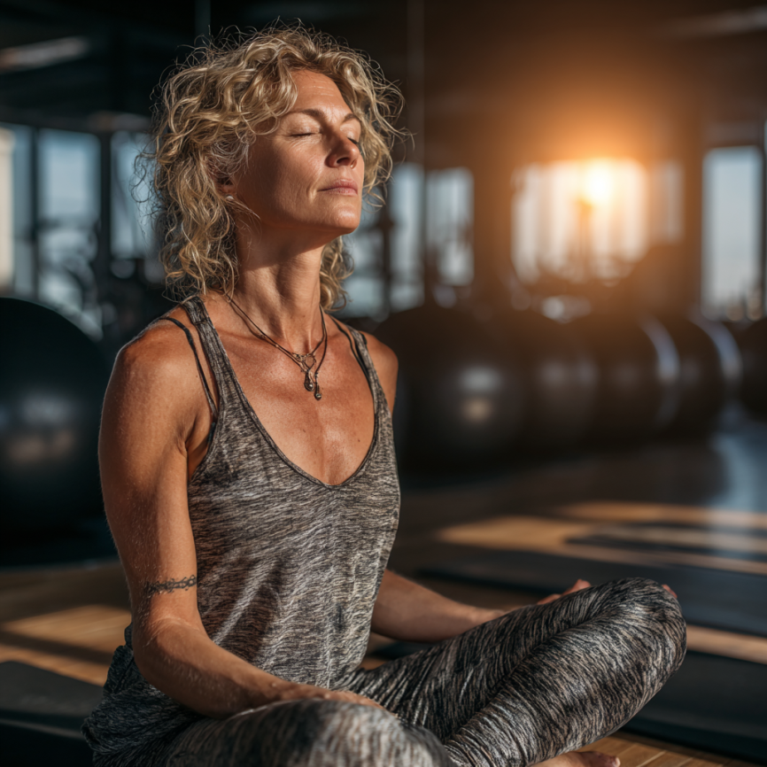 Група літніх людей займається йогою на природі