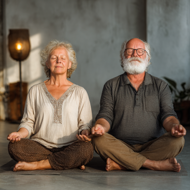 Група літніх людей займається йогою на природі