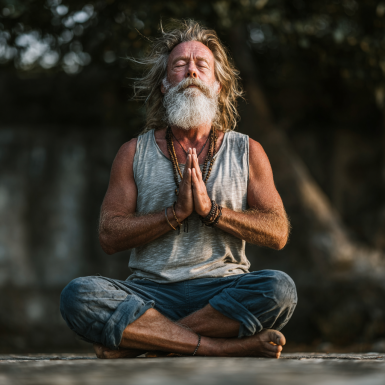 Літні люди медитують у парку на заході сонця